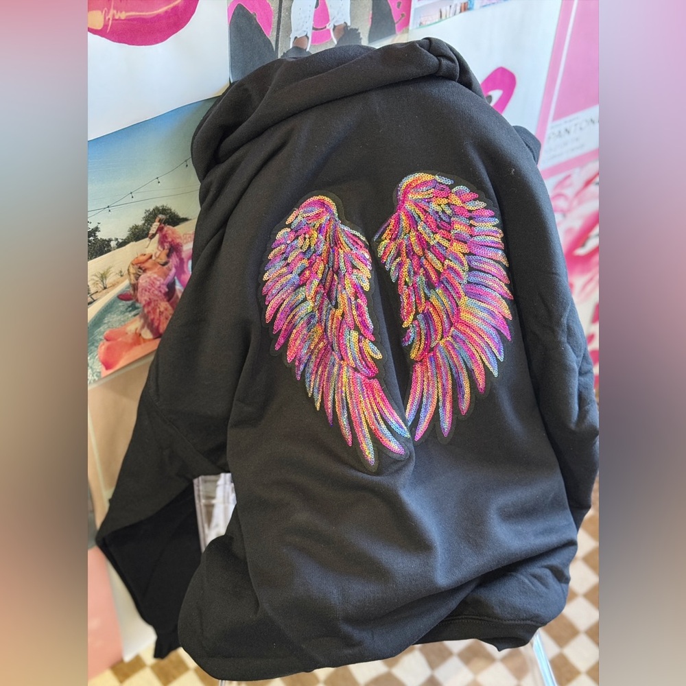 Celestial Glow Hoodie – Black Pullover with Multicolored Sequin Angel Wings Grap